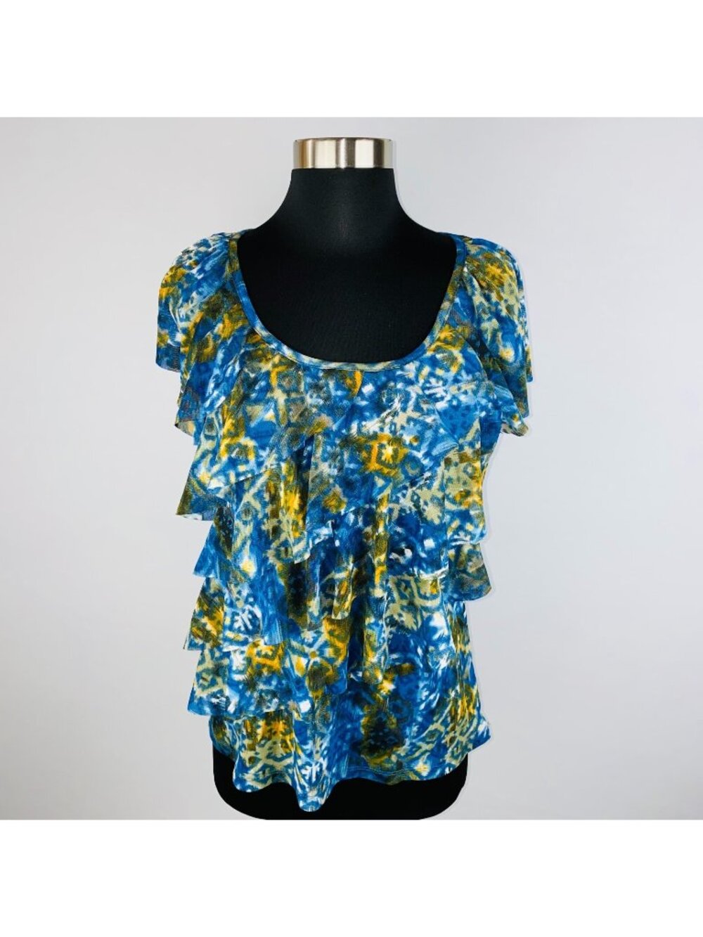 AB Studio Top Womens Colorful Ruffle Tiered Lightweight Abstract Work Job M